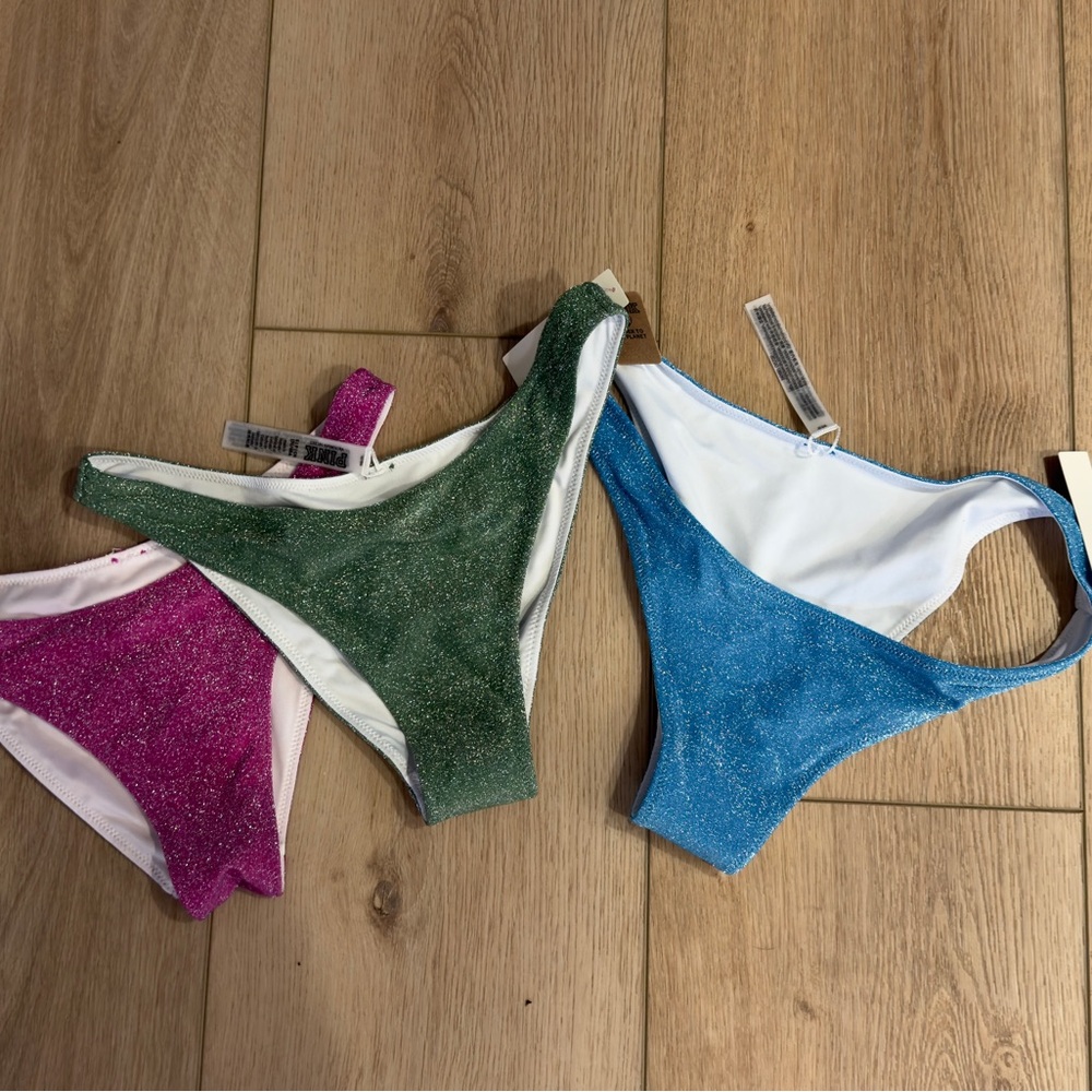 Victoria’s Secret Pink Shimmer Bikini Bottoms Set in Green, Blue, and Pink